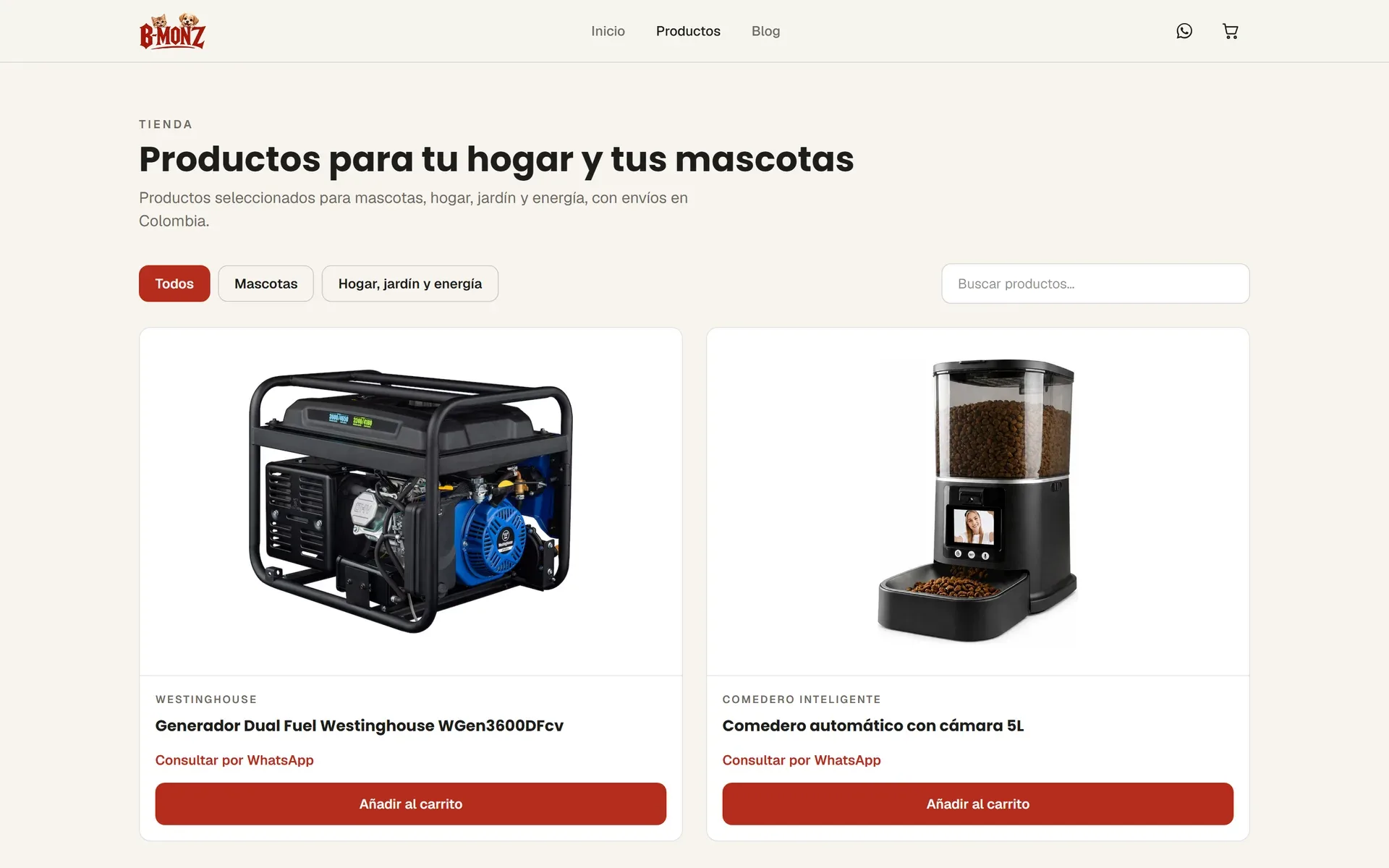 Catálogo de la tienda B-MONZ con filtros por categoría